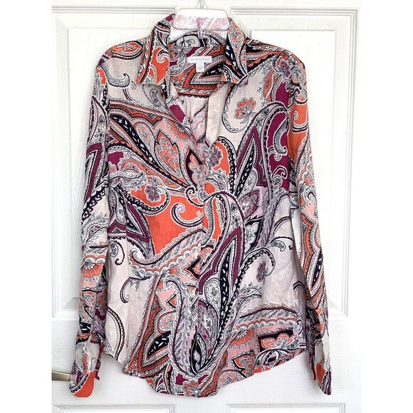 Charter Club 100% Linen Paisley Floral Button Down Shirt Purple Coral White S - Picture 2 of 4